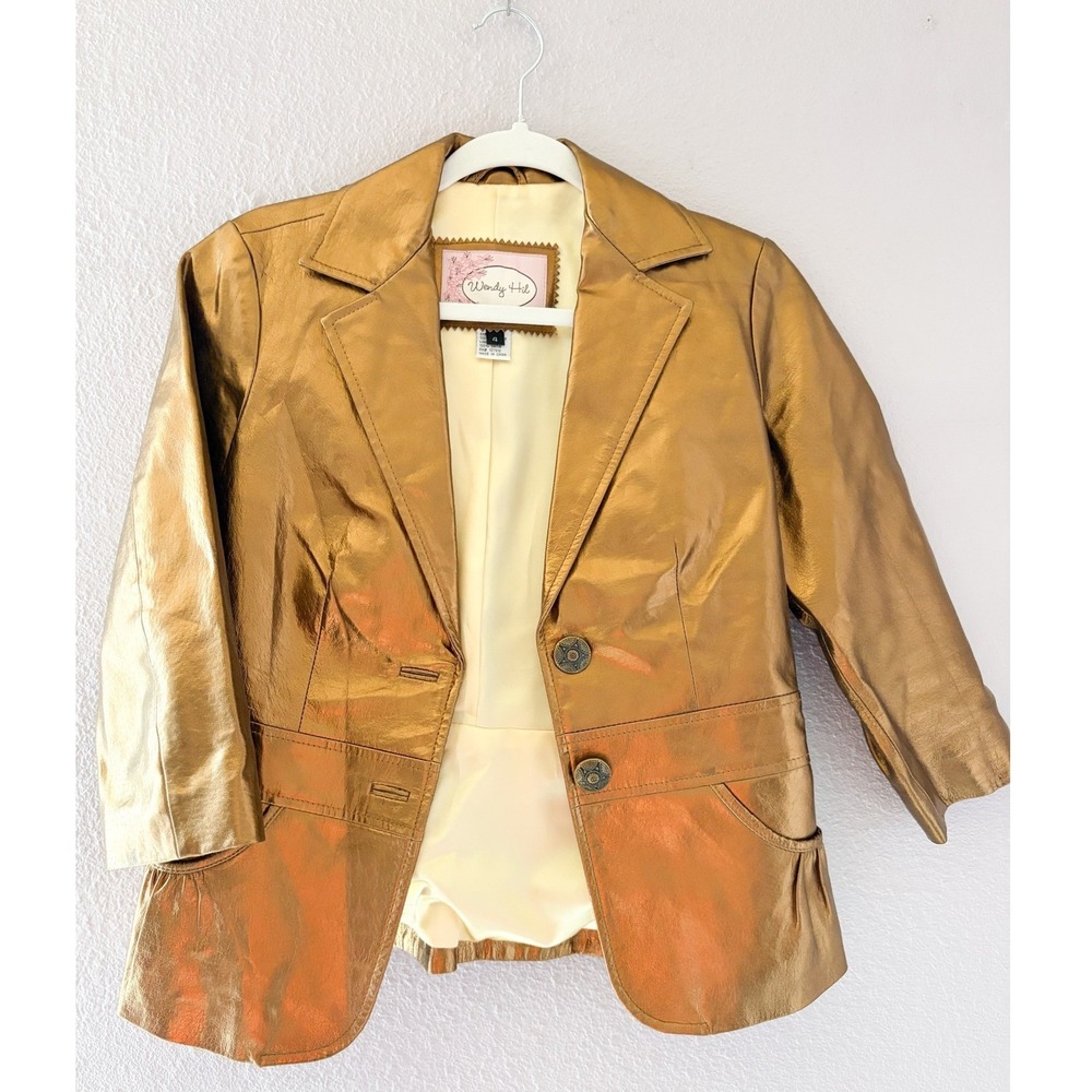 Wendy Hil Vintage Style Y2K Bronze Shiny Metallic 100% Leather Blazer Jacket‎ 4